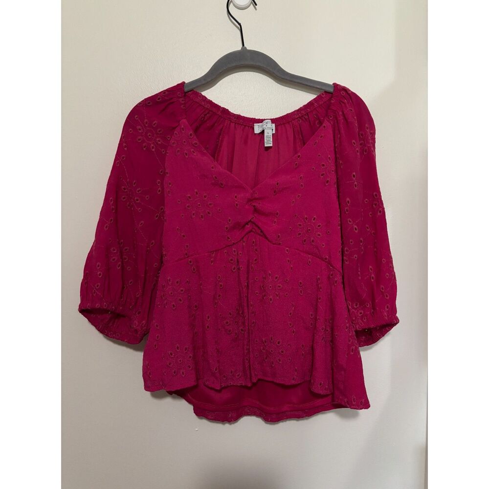 Sofia Jeans Pink Eyelet Peplum‎ Blouse Boho Cottagecore Romantic L Softgirl